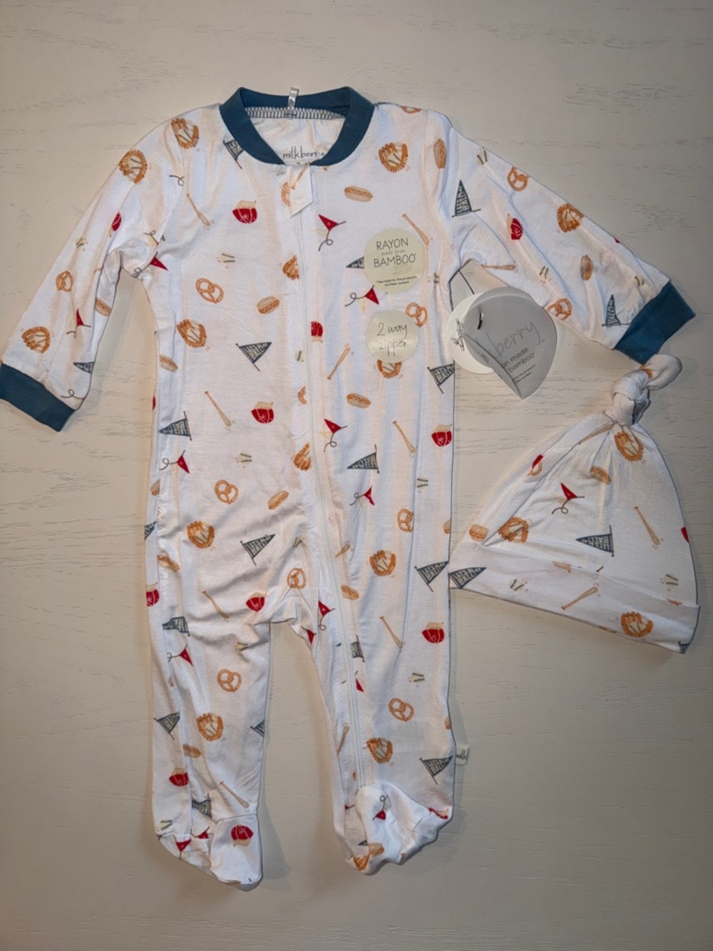 Milkberry Bamboo Baseball Footie with Hat 3-6 6-9 months